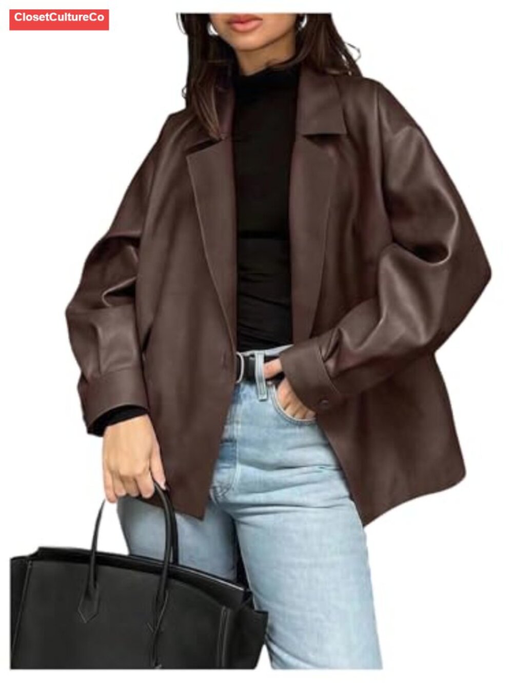 Faux Leather Blazer Open Front Oversized Business Work Jacket